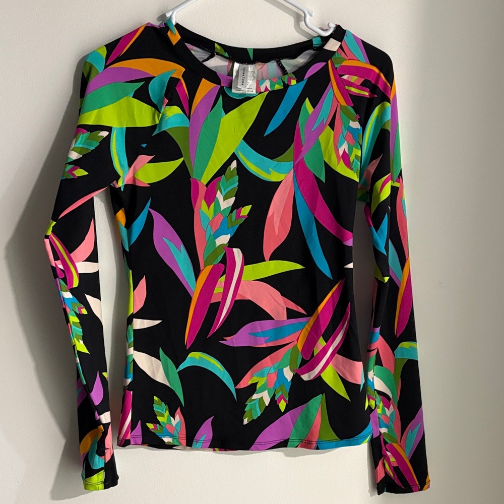 Trina Turk Black Multicolor Leaf Print Long Sleeve Top